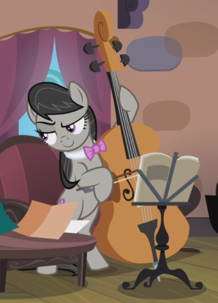 Size: 525x729 | Tagged: safe, derpibooru import, screencap, octavia melody, pony, slice of life (episode), bipedal, cello, confident, cropped, female, mare, musical instrument, playing instrument, raised eyebrow, smiling, smirk, smug, solo