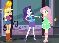 Size: 1480x1079 | Tagged: safe, derpibooru import, screencap, applejack, fluttershy, rarity, equestria girls, equestria girls series, street chic, spoiler:eqg series (season 2), autumn leaves, bare shoulders, boots, bracelet, clothes, cowboy boots, cropped, feet, fluttercold, geode of fauna, geode of shielding, geode of super strength, high heels, jewelry, leaf, legs, magical geodes, one eye closed, sandals, shoes, shorts, skirt, sleeveless, smiling, strapless, summer dress, wink