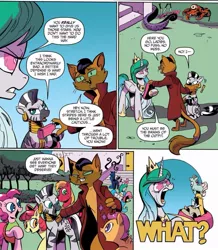 Size: 849x973 | Tagged: safe, artist:andypriceart, derpibooru import, idw, apple bloom, big macintosh, capper dapperpaws, cosmos (character), princess celestia, scootaloo, sweetie belle, zecora, abyssinian, anthro, digitigrade anthro, earth pony, pegasus, pony, zebra, my little pony: the movie, spoiler:comic, spoiler:comic76, anthro with ponies, clothes, coat, comic, cutie mark crusaders, female, filly, foal, male, mare, official comic, possessed, possesstia, sleight of hand, speech bubble, thimble