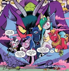 Size: 843x875 | Tagged: safe, artist:andypriceart, derpibooru import, idw, big macintosh, cosmos (character), princess celestia, princess luna, twilight sparkle, twilight sparkle (alicorn), zecora, alicorn, earth pony, pony, zebra, spoiler:comic, spoiler:comic76, female, hive mind, male, mare, official comic, possessed, possesstia, speech bubble, stallion, to be continued, we're all doomed
