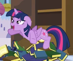 Size: 955x801 | Tagged: safe, derpibooru import, screencap, twilight sparkle, twilight sparkle (alicorn), alicorn, pony, princess spike (episode), book, cropped, cute, derp, floppy ears, lidded eyes, open mouth, out of context, pile of books, silly, silly pony, solo, that pony sure does love books, tired, twiabetes