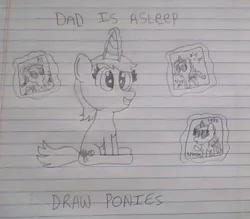 Size: 611x535 | Tagged: applejack, applejack's hat, artist:nightshadowmlp, cowboy hat, derpibooru import, glowing horn, hat, horn, implied drawing, implied father, lined paper, lyra heartstrings, magic, mods are asleep, mods are asleep post ponies, oc, oc:game point, oc:ola tiger, paper, safe, smiling, stetson, text, traditional art