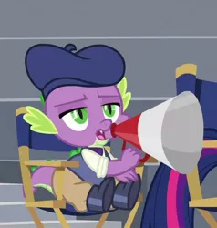 Size: 414x434 | Tagged: alicorn, chair, claws, clothes, cropped, derpibooru import, director's chair, director spike, dragon, hat, horse play, male, offscreen character, safe, screencap, shoes, spike, tail, twilight sparkle, twilight sparkle (alicorn)
