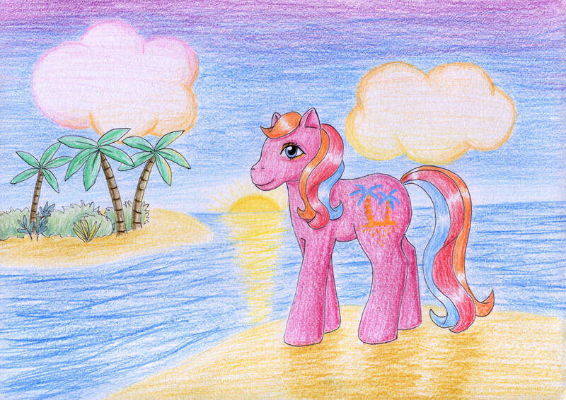 Size: 1280x906 | Tagged: artist:normaleeinsane, cloud, derpibooru import, g1, island, ocean, piña colada (g1), safe, solo, sun, traditional art, tree, tropical ponies