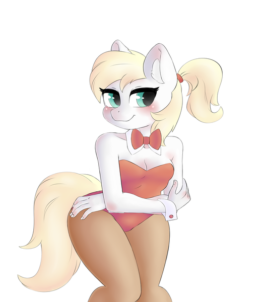 Size: 939x1080 | Tagged: suggestive, artist:yokappa2, derpibooru import, oc, oc:luftkrieg, anthro, earth pony, aryan, aryan pony, blonde, blushing, breasts, bunny suit, clothes, cuffs (clothes), female, hips, image, maid, nazipone, playboy bunny, png, ponytail, simple background, smiling, thick, thighs, white background