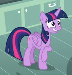 Size: 730x758 | Tagged: safe, derpibooru import, screencap, twilight sparkle, twilight sparkle (alicorn), alicorn, pony, party pooped, cropped, lip bite, nervous, raised hoof, solo, sweat, teeth