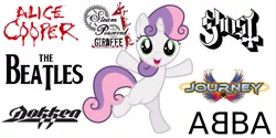 Size: 1456x727 | Tagged: safe, artist:thatguy1945, derpibooru import, sweetie belle, pony, unicorn, flight to the finish, abba, alice cooper, arena rock, art rock, dokken, ghost (band), glam metal, heavy metal, journey (band), pop rock, rock, simple background, solo, steam powered giraffe, the beatles, vaudeville, vector, white background