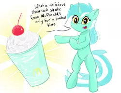Size: 3300x2550 | Tagged: safe, artist:pegaplex, derpibooru import, lyra heartstrings, pony, bipedal, female, glow, looking at you, mcdonald's, meme, open mouth, shamrock shake, simple background, solo, three quarter view, white background, word balloon, word bubble