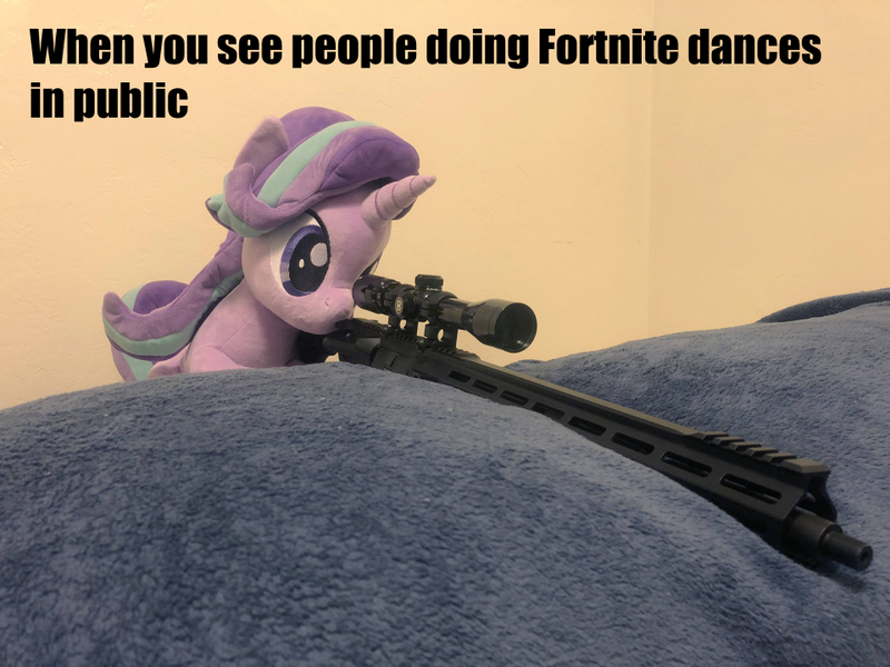 Size: 960x720 | Tagged: safe, artist:nekokevin, artist:yaop, derpibooru import, edit, editor:countcoltnackh, starlight glimmer, pony, unicorn, series:nekokevin's glimmy, caption, exploitable meme, fortnite, gun, image macro, impact font, irl, me irl, meme, photo, plushie, scope, shitposting, snipelight glimmer, text, weapon