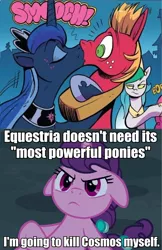 Size: 616x950 | Tagged: safe, artist:andypriceart, derpibooru import, edit, edited screencap, idw, screencap, big macintosh, cosmos (character), pinkie pie, princess celestia, princess luna, sugar belle, alicorn, earth pony, pony, unicorn, hard to say anything, spoiler:comic, spoiler:comic76, angry, caption, comic, cosmomac, female, fight, floppy ears, hoof shoes, image macro, jealous, kissing, lunamac, male, mare, official comic, out of context, overprotective, possessed, possesstia, punch, shipping, stallion, straight, sugarmac, text, this will end in death, this will end in tears, this will end in tears and/or death