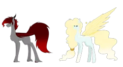 Size: 7086x3888 | Tagged: safe, artist:moonlight0shadow0, derpibooru import, oc, oc:forgotten spirit, oc:pure heart (angel), unofficial characters only, angel pony, demon, demon pony, original species, pegasus, pony, angel, bat wings, chest fluff, female, horns, male, mare, markings, oc x oc, shipping, simple background, stallion, straight, transparent background, unshorn fetlocks, wings