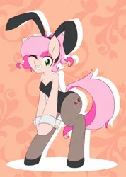 Size: 1460x2048 | Tagged: safe, artist:akainu_pony, derpibooru import, oc, oc:cheers, earth pony, pony, bipedal, bunny ears, bunny suit, clothes, cuffs (clothes), female, fishnets, leotard, looking at you, mare, one eye closed, smiling, solo, wink