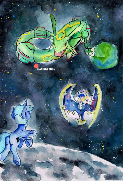 Size: 2256x3304 | Tagged: safe, artist:mashiromiku, derpibooru import, princess luna, alicorn, dragon, lunala, pony, rayquaza, crossover, earth, female, legendary pokémon, mare, moon, patreon, patreon logo, planet, pokémon, space, stars, traditional art, watercolor painting