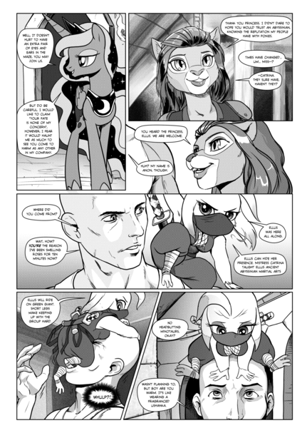 Size: 1380x1920 | Tagged: safe, artist:pencils, derpibooru import, catrina, princess luna, oc, oc:anon, oc:ellus, abyssinian, alicorn, anthro, bushwoolie, cat, human, pony, comic:anon's pie adventure, anthro with ponies, armpits, comic, feline, female, g1, human male, kunoichi, male, mare, monochrome, ninja, speech bubble