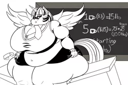 Size: 1200x800 | Tagged: suggestive, artist:mad'n evil, derpibooru import, twilight sparkle, twilight sparkle (alicorn), alicorn, anthro, belly button, big breasts, black and white, breasts, busty twilight sparkle, chubby, chubby cheeks, desk, fat, female, furniture abuse, glasses, grayscale, huge breasts, huge hips, monochrome, obese, spread wings, teacher, tight clothing, twilard sparkle, weight gain, wings