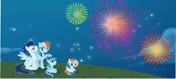 Size: 900x406 | Tagged: safe, artist:selecteddash, derpibooru import, rainbow dash, soarin', oc, oc:ragtag, oc:shooting star, 2013, female, fireworks, happy new year, holiday, male, offspring, parent:rainbow dash, parent:soarin', parents:soarindash, shipping, soarindash, straight