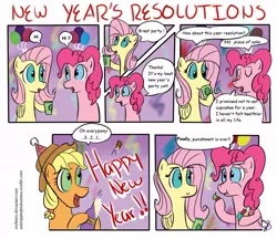 Size: 1024x885 | Tagged: applejack, artist:mrfizzyu, balloon, champagne, comic, cup, cupcake, derpibooru import, fluttershy, food, new year, new year's resolution, party, pinkie pie, safe