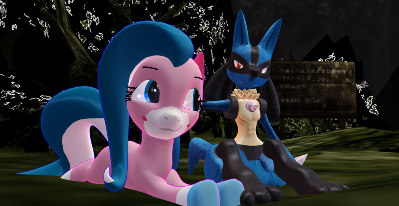 Size: 1024x528 | Tagged: safe, artist:inklingsfan144, derpibooru import, ponified, lucario, pony, 3d, female, lego, male, mmd, pokémon, shipping, straight, the lego movie, unikitty