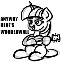 Size: 200x200 | Tagged: safe, artist:ashtoneer, derpibooru import, twilight sparkle, pony, unicorn, anyways here's wonderwall, dialogue, female, grayscale, guitar, mare, monochrome, music, musical instrument, oasis (band), simple background, sketch, solo, song, unicorn twilight, white background, wonderwall