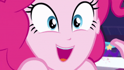 Size: 800x450 | Tagged: safe, derpibooru import, screencap, pinkie pie, equestria girls, equestria girls series, twilight under the stars, spoiler:eqg series (season 2), animated, bare shoulders, breaking the fourth wall, close-up, face, fourth wall, smiley face, smiling