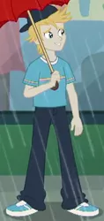 Size: 280x595 | Tagged: safe, derpibooru import, screencap, gold rush (character), eqg summertime shorts, equestria girls, monday blues, background human, cap, clothes, cropped, hat, male, pants, shoes, smiling, sneakers, umbrella