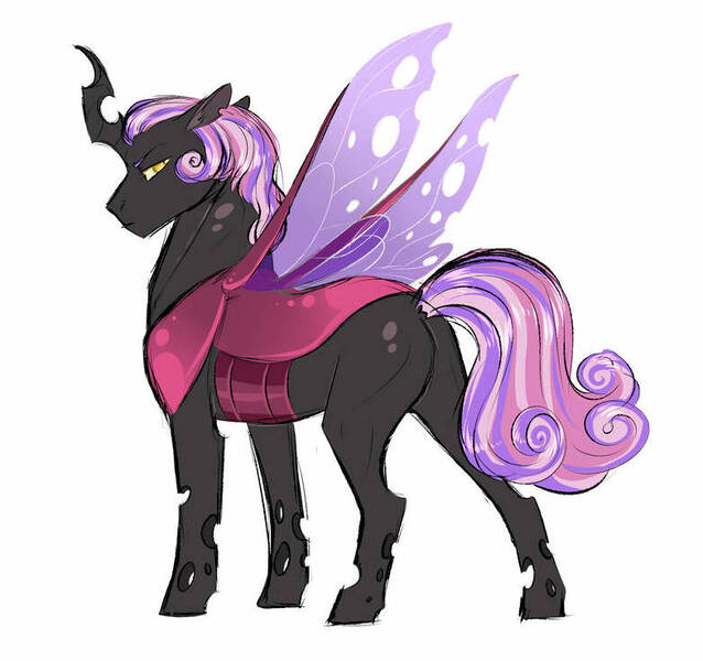 Size: 784x737 | Tagged: artist:vindhov, changepony, commission, derpibooru import, hybrid, interspecies offspring, looking back, magical lesbian spawn, oc, oc:heart's desire, offspring, parent:princess cadance, parent:queen chrysalis, parents:cadalis, pink changeling, safe, simple background, solo, unofficial characters only, white background