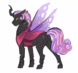 Size: 784x737 | Tagged: artist:vindhov, changepony, commission, derpibooru import, hybrid, interspecies offspring, looking back, magical lesbian spawn, oc, oc:heart's desire, offspring, parent:princess cadance, parent:queen chrysalis, parents:cadalis, pink changeling, safe, simple background, solo, unofficial characters only, white background