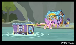 Size: 640x386 | Tagged: safe, derpibooru import, edit, edited screencap, editor:teren rogriss, screencap, hoo'far, princess cadance, trixie, twilight sparkle, twilight sparkle (alicorn), alicorn, horse, pony, unicorn, road to friendship, clothes, cutie mark, female, flying, grin, gritted teeth, hoo'far's wagon, hooves, horn, jewelry, male, mare, regalia, river, smiling, spread wings, stallion, tiara, tree, trixie's wagon, water, wings