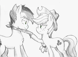 Size: 1458x1076 | Tagged: safe, artist:spackle, derpibooru import, applejack, oc, oc:buck evergreen, earth pony, pony, applejack's hat, bandana, canon x oc, chest fluff, cowboy hat, eye contact, female, hat, lidded eyes, looking at each other, male, mare, pulling, shipping, smiling, stallion, straight, traditional art