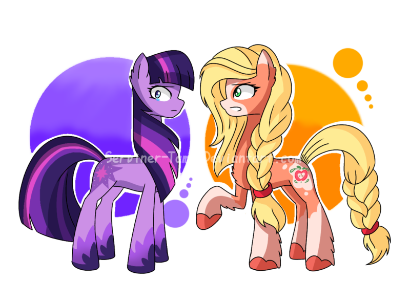 Size: 1216x900 | Tagged: safe, artist:winter-scarf, derpibooru import, applejack, twilight sparkle, earth pony, pony, leak, spoiler:g5, applejack (g5), braid, braided tail, coat markings, earth pony twilight, female, g5, mare, simple background, transparent background, twilight sparkle (g5), unshorn fetlocks