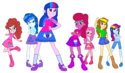 Size: 1603x940 | Tagged: safe, artist:徐詩珮, derpibooru import, oc, oc:apple shiot, oc:betty pop, oc:bitter flower, oc:cake pie, oc:rainbow beart, oc:sky britt, oc:vesty sparkle, unofficial characters only, equestria girls, base used, equestria girls-ified, female, magical lesbian spawn, next generation, offspring, parent:applejack, parent:big macintosh, parent:caramel, parent:cheese sandwich, parent:fancypants, parent:flash sentry, parent:fluttershy, parent:glitter drops, parent:pinkie pie, parent:rainbow dash, parent:rarity, parent:soarin', parent:tempest shadow, parent:twilight sparkle, parents:carajack, parents:cheesepie, parents:flashlight, parents:fluttermac, parents:glittershadow, parents:raripants, parents:soarindash, simple background, solo, transparent background