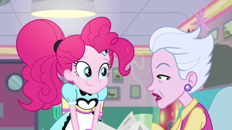 Size: 1920x1080 | Tagged: safe, derpibooru import, screencap, pinkie pie, sour persimmon, equestria girls, equestria girls series, five stars, spoiler:eqg series (season 2), apron, clothes, coffee, cute, diapinkes, ear piercing, earring, jewelry, newspaper, piercing, server pinkie pie