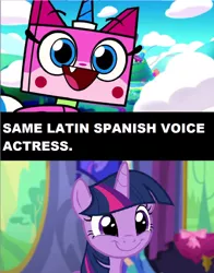 Size: 1024x1304 | Tagged: safe, artist:brandonale, derpibooru import, twilight sparkle, twilight sparkle (alicorn), alicorn, pony, carla castañeda, exploitable meme, latin american, lego, meme, same voice actor, spanish, the lego movie, unikitty, unikitty! (tv series)