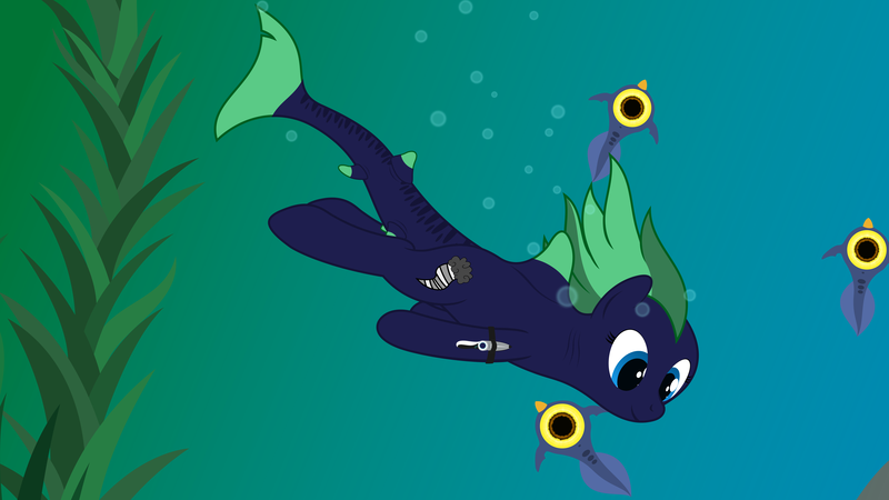 Size: 15360x8640 | Tagged: absurd resolution, air bubble, alternate version, artist:waveywaves, bubble, cropped, derpibooru import, kelp, oc, oc:middy, original species, peeper (subnautica), safe, shark, shark pony, subnautica, swimming, underwater, unofficial characters only, wreck
