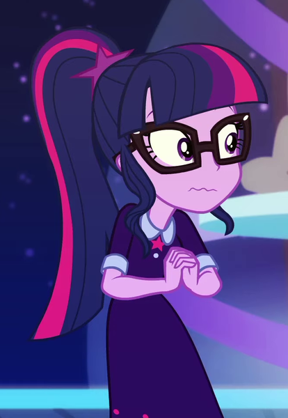 Size: 663x960 | Tagged: safe, derpibooru import, screencap, sci-twi, twilight sparkle, equestria girls, equestria girls series, twilight under the stars, spoiler:eqg series (season 2), cropped, female, glasses, nervous, ponytail, solo, wavy mouth
