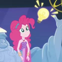 Size: 908x908 | Tagged: safe, derpibooru import, screencap, pinkie pie, star swirl the bearded, equestria girls, equestria girls series, twilight under the stars, spoiler:eqg series (season 2), bare shoulders, bracelet, cropped, cute, dialated pupils, grin, hairband, heart necklace, idea, image, jewelry, light bulb, png, sleeveless, smiling, statue, strapless