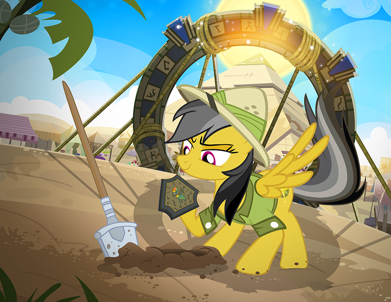 Size: 1000x774 | Tagged: safe, artist:pixelkitties, derpibooru import, daring do, prince hisan, pegasus, pony, archeologist, female, mare, pyramid, shovel, solo, somnambula (location), stargate