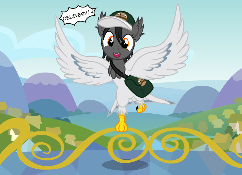 Size: 3542x2562 | Tagged: safe, artist:badumsquish, derpibooru import, oc, oc:coo, unofficial characters only, harpy, monster pony, original species, anger burger, balcony, baseball cap, cap, cute, delivery, dialogue, ear fluff, feather, female, flying, hat, landing, monster mare, ponyville, pouch, solo, spread wings, talons, twilight's castle, wings, yelling, ♪