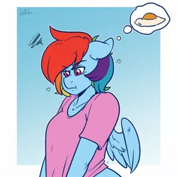 Size: 1700x1700 | Tagged: annoyed, anthro, artist:arnachy, clothes, derpibooru import, egg (food), female, food, part of a set, pegasus, rainbow dash, safe, shirt, solo, :t, thought bubble