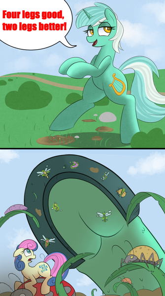 Size: 831x1490 | Tagged: semi-grimdark, artist:nignogs, derpibooru import, bon bon, lyra heartstrings, sweetie drops, pony, animal farm, colored, commission, crush fetish, fetish, frog (hoof), grass, honey i shrunk the kids, horseshoes, micro, reference, text, this will not end well, underhoof