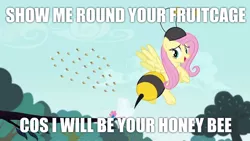 Size: 1280x720 | Tagged: animal costume, bee, bee costume, caption, clothes, costume, derpibooru import, edit, edited screencap, editor:grapefruitface, fluttershy, hammer, image macro, insect, it ain't easy being breezies, lyrics, meme, peter gabriel, safe, screencap, sledgehammer, solo focus, song reference, text