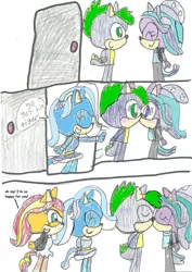 Size: 1024x1445 | Tagged: anthro, artist:katierose45, comic, derpibooru import, request, safe, sonicified, sonic the hedgehog (series), spike, starlight glimmer, sunset shimmer, traditional art, trixie