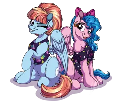 Size: 1920x1600 | Tagged: safe, artist:lupiarts, derpibooru import, firefly, windy whistles, pegasus, pony, 80's fashion, 80's-ish, bow, clothes, cute, digital art, duo, ear piercing, earring, female, g1, g1 to g4, generation leap, hair bow, jewelry, mare, one eye closed, piercing, rainbow mom, siblings, simple background, sisters, sitting, transparent background, wink