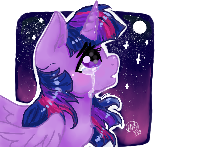 Size: 1116x837 | Tagged: safe, artist:wimsie, derpibooru import, twilight sparkle, twilight sparkle (alicorn), alicorn, pony, crying, moon, solo, stars