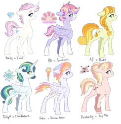 Size: 1448x1476 | Tagged: safe, artist:whalepornoz, derpibooru import, oc, oc:ginger gold, oc:icy shine, oc:melody, oc:rose diamanté, oc:sugar rush, oc:sunshine, unofficial characters only, alicorn, earth pony, pegasus, pony, unicorn, alicorn oc, crack ship offspring, female, floppy ears, horn, magical lesbian spawn, mare, next generation, offspring, parent:applejack, parent:big macintosh, parent:coloratura, parent:fleur-de-lis, parent:fluttershy, parent:pinkie pie, parent:rainbow blaze, parent:rainbow dash, parent:rarity, parent:sunburst, parent:thunderlane, parent:twilight sparkle, parents:fleurity, parents:fluttermac, parents:pinkieblaze, parents:rainburst, parents:rarajack, parents:twilane, simple background, socks (coat marking), transparent background, wings