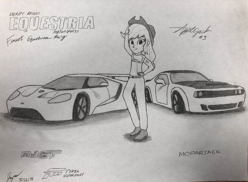 Size: 4032x2948 | Tagged: safe, artist:forzaveteranenigma, derpibooru import, applejack, fanfic:equestria motorsports, equestria girls, applejack's hat, cowboy hat, dodge (car), dodge challenger, dodge challenger srt demon, dodge demon, ecoboost, fiat chrysler automobiles, ford, ford gt, ford gt le mans, forza motorsport, hat, mopar, racing suit, traditional art