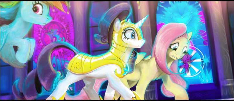 Size: 1920x828 | Tagged: safe, artist:roda11, derpibooru import, fluttershy, rainbow dash, rarity, pegasus, pony, unicorn, season 9, sparkle's seven, spoiler:s09, armor, armorarity, blue eyes, blue mane, canterlot, canterlot castle, female, flying, folded wings, green eyes, hallway, hoof shoes, horn, image, looking at something, looking back, looking down, mare, multicolored hair, mural, pillar, pink eyes, pink mane, png, royal guard, royal guard armor, royal guard rarity, stained glass, trio, walking, window, wings, worried