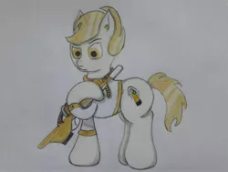 Size: 4063x3072 | Tagged: safe, artist:juani236, derpibooru import, oc, oc:golden baügllet, unofficial characters only, earth pony, pony, clothes, gold hair, gun, looking at you, rifle, sniper, sniper rifle, solo, suit, traditional art, weapon, white suit