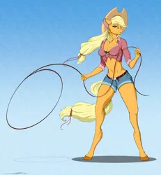 Size: 3000x3250 | Tagged: safe, artist:skitsniga, derpibooru import, applejack, anthro, earth pony, unguligrade anthro, applejack's hat, belly button, belt, breasts, cheek fluff, clothes, cowboy hat, ear fluff, female, front knot midriff, hat, image, jpeg, lasso, midriff, rope, shirt, shorts, smiling, solo, stetson