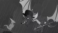 Size: 1280x720 | Tagged: black and white, bowler hat, cane, charlie chaplin, derpibooru import, dragon, dragoness, duo, edit, edited screencap, facial hair, female, gaius (dragon), grayscale, hat, male, monochrome, moustache, rain, safe, scales (character), screencap, spread wings, the hearth's warming club, wings